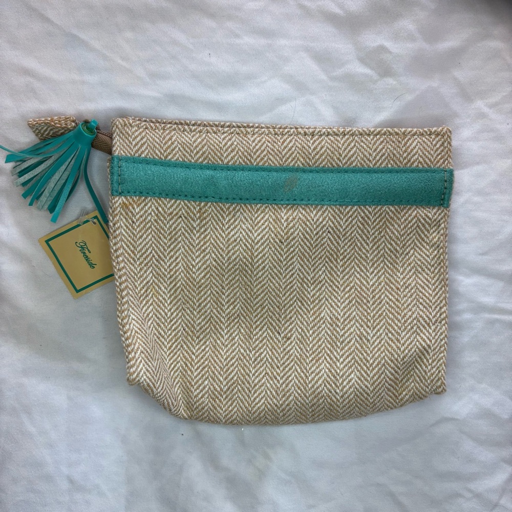Small Fireside Herringbone Beige and Teal Women Makeup Bag